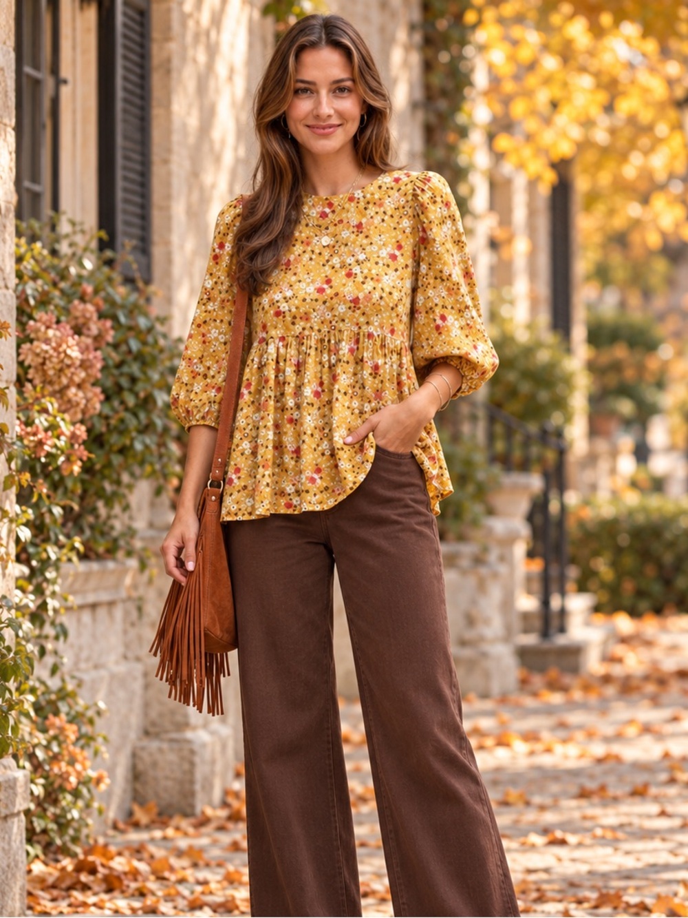 VICI Floral Babydoll Peplum Mustard  Mini floral Yellow Boho Cottagecore Top